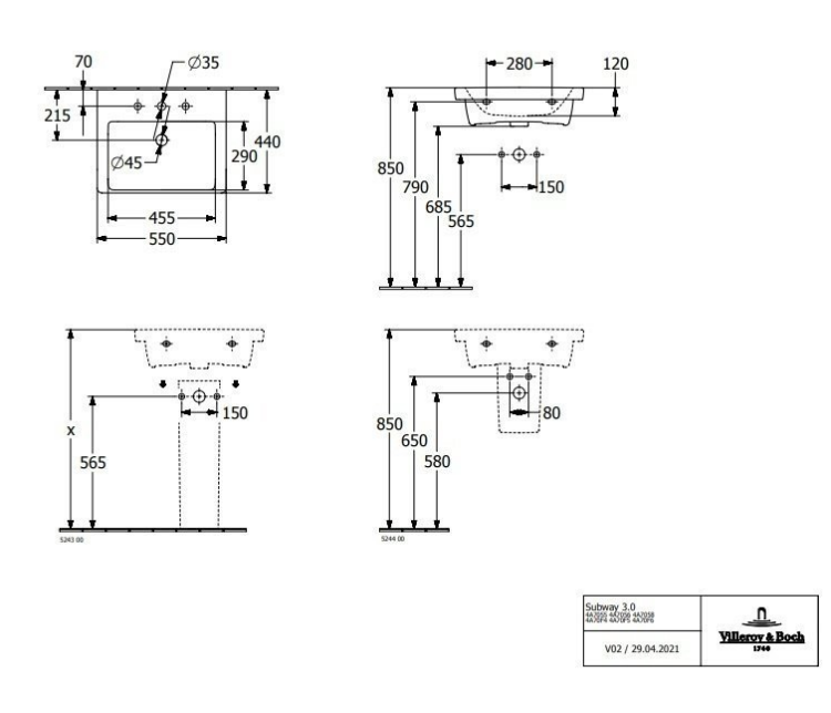 Раковина Villeroy & Boch Subway 3.0 550x440 мм 1 отверстие для смесителя 4A705501