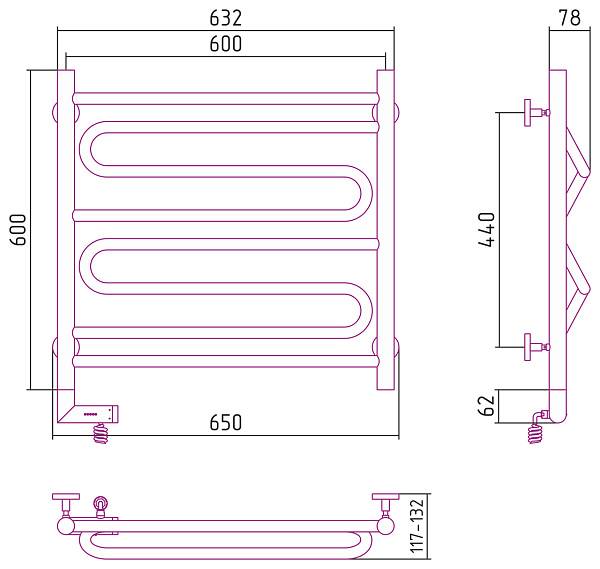 Полотенцесушитель электрический Сунержа Элегия 2.0 600x600 мм левый без покрытия 00-5218-6060
