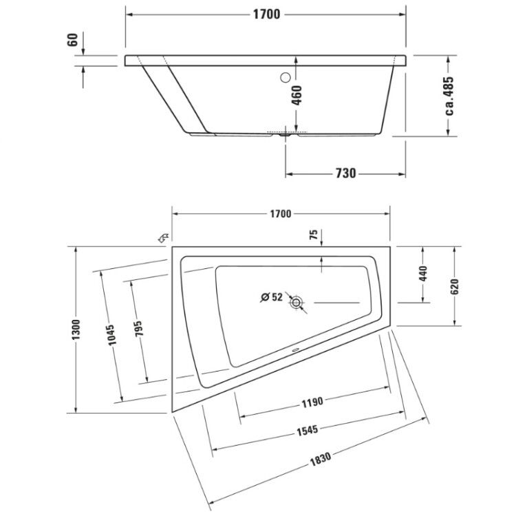 Ванна Duravit Paiova 1700x1300 мм встраиваемая трапециевидная наклон спинки слева 700214000000000