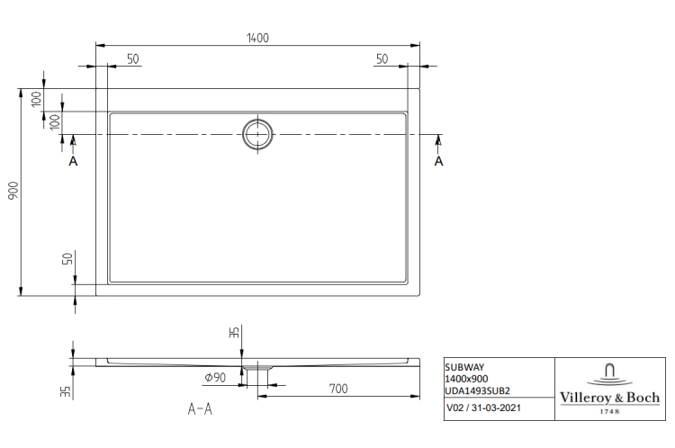 Душевой поддон Villeroy & Boch Subway 1400x900x35 мм альпийский белый UDA1493SUB2V01