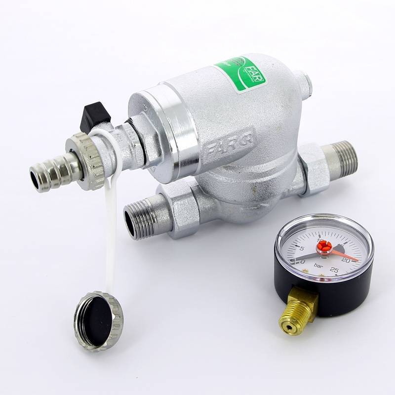 Фильтр промывной FAR 1/2 НР 100 мкм 25 бар поворотный с манометром FA 39A4 12100