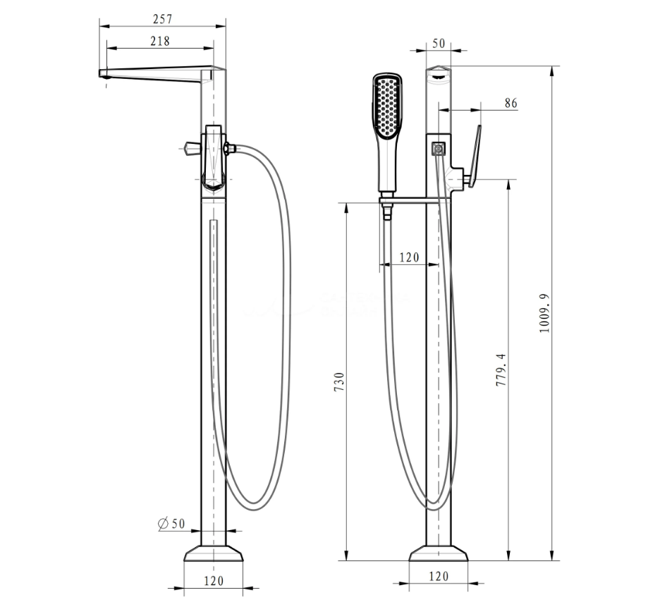 Смеситель для ванны Boheme Venturo напольный с ручным душем и держателем золото 389