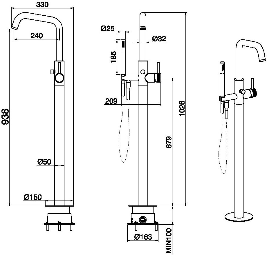 Смеситель для ванны с ручным душем напольный Allen Brau Priority графит браш 5.31008-MG