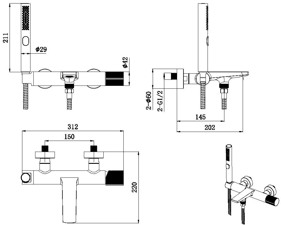 Смеситель для ванны Allen Brau Liberty на 2 отверстия с ручным душем хром 5.33006-00
