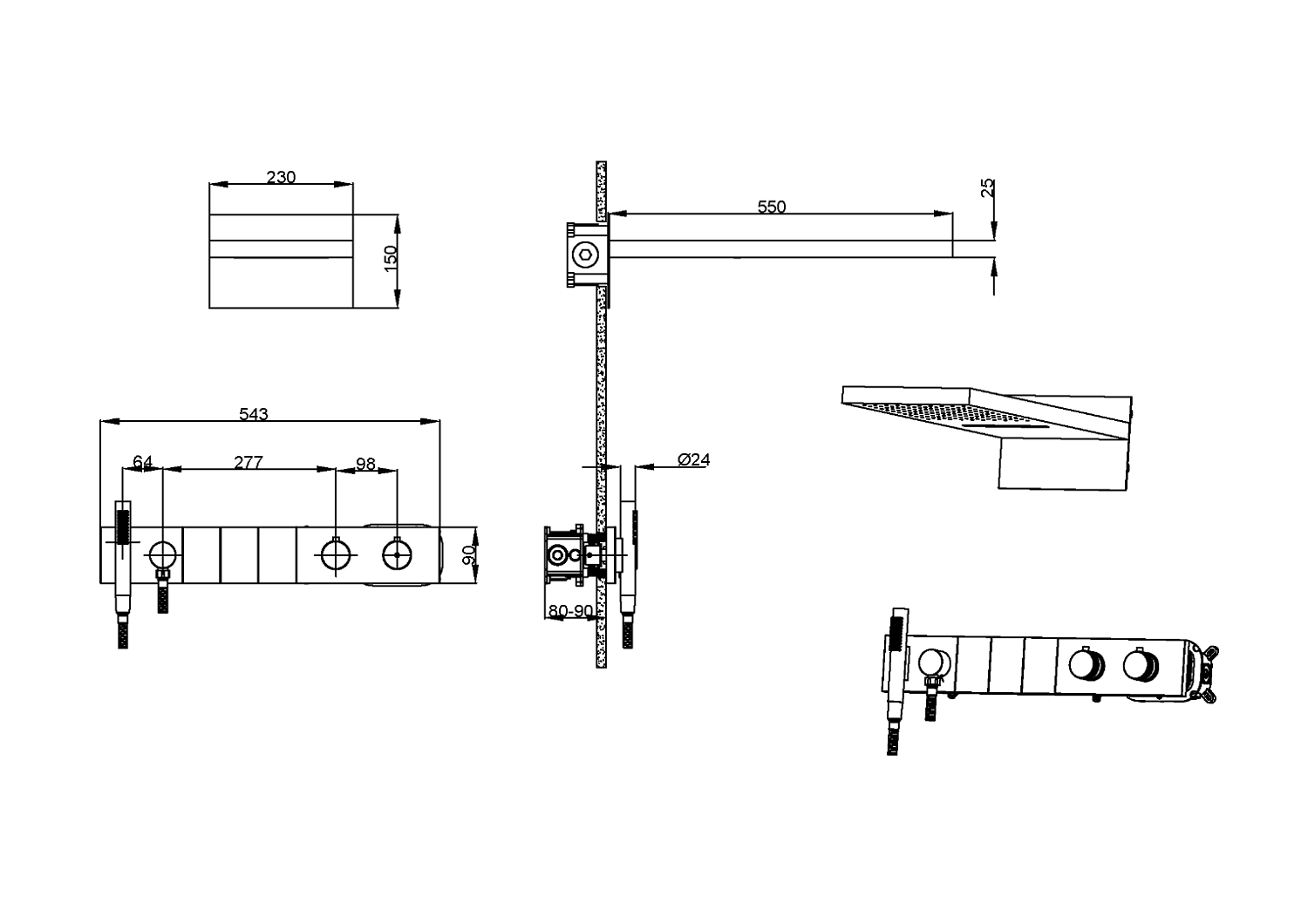 Душевой комплект встраиваемый Boheme Zodiac с термостатом верхним и ручным душем gun metal 133-GM