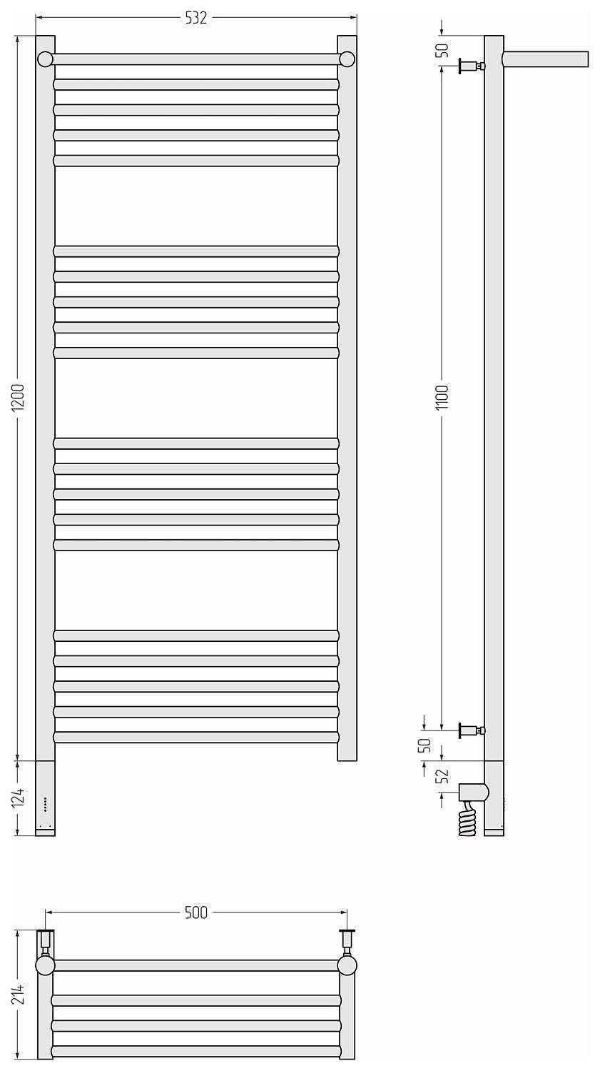Полотенцесушитель электрический Сунержа Богема 3.0 с 1 полкой 532x1324 мм левый матовый черный 31-5806-1250