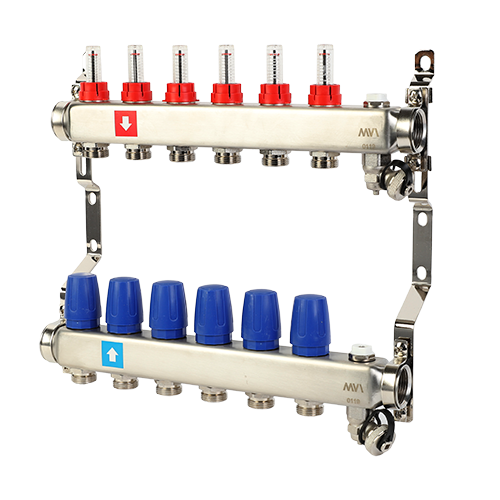Коллекторная группа с расходомерами, дренажным краном и краном Маевского Aqualink 6 выходов AMS.706.06
