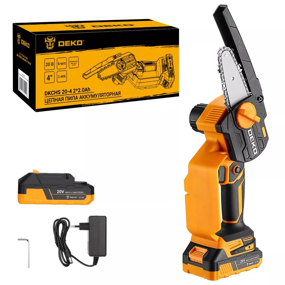 Пила цепная аккумуляторная DEKO DKCHS 20-4 20 В 2x2.0 Ач 063-4300