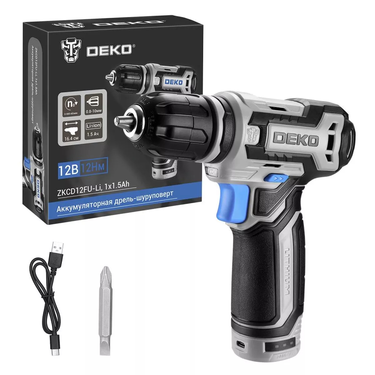 Дрель-шуруповерт аккумуляторная DEKO ZKCD12FU-Li 12 В 1x1.5 Ач 063-4114