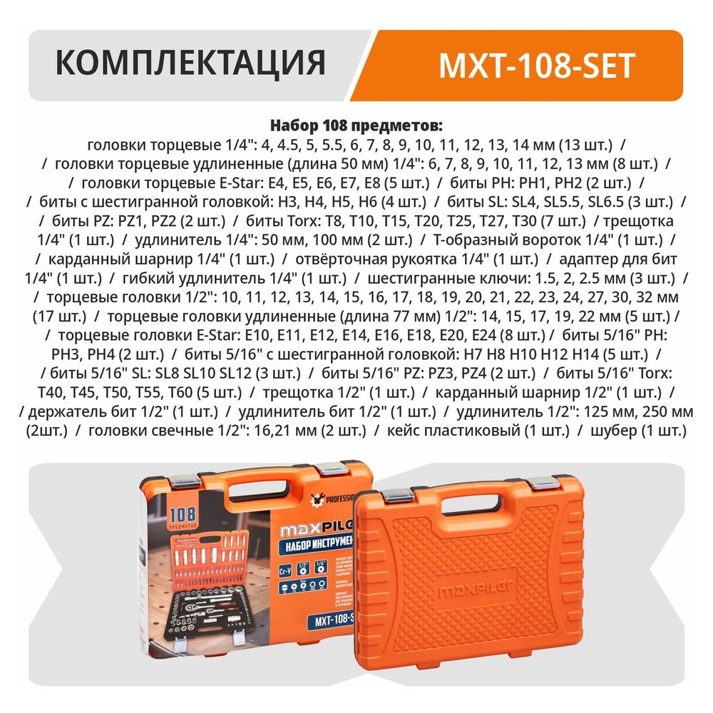 Набор инструментов P.I.T. MaxPiler MXT-108-SET 108 предметов 1/2 и 1/4 CrV MXT-108-SET