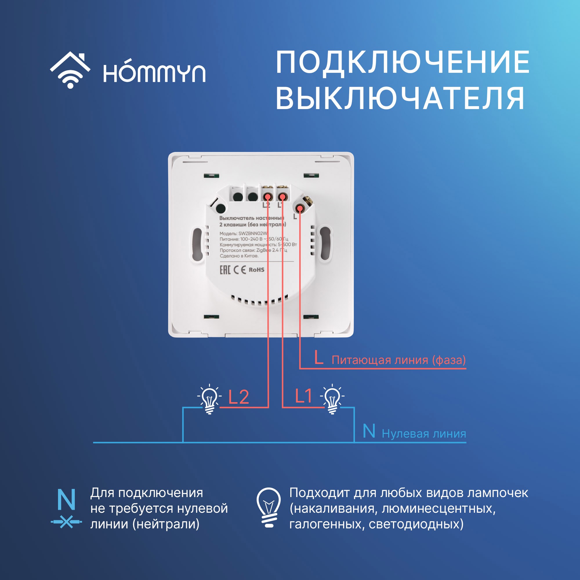 Комплект из двух умных двухклавишных выключателей HOMMYN Zigbee 2SWZBNN02W