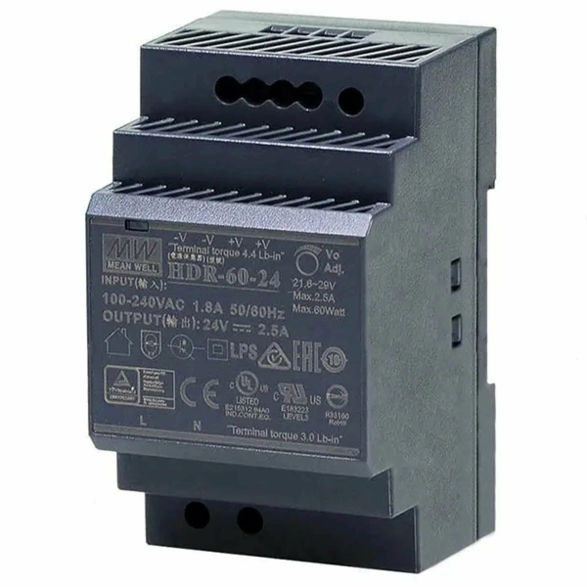 Блок питания на DIN-рейку Mean Well HDR-60-24 24В 2.5А 60Вт HDR-60-24
