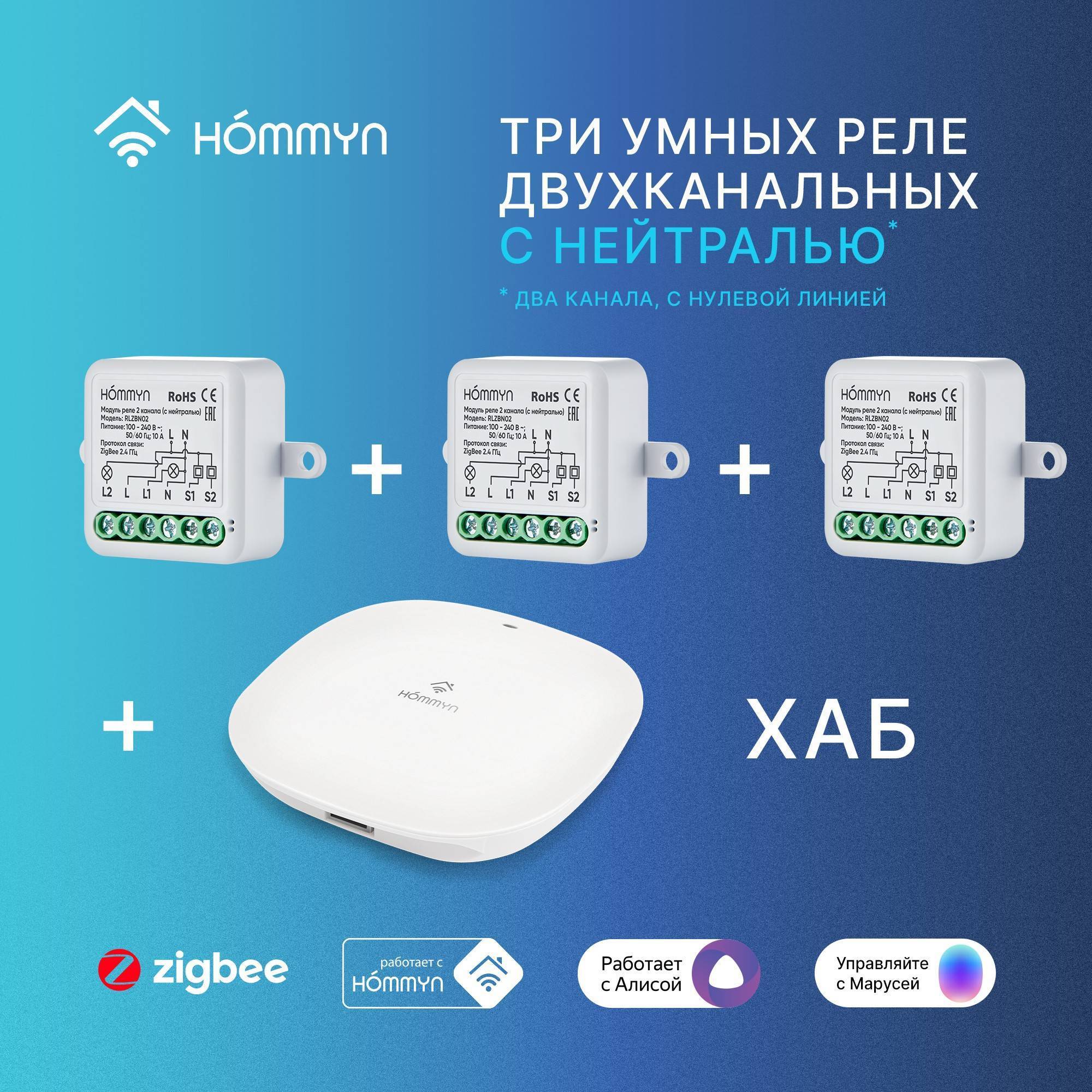Комплект из 3 умных реле 2 канала с нейтралью и хаба HOMMYN RN02HOMKIT11