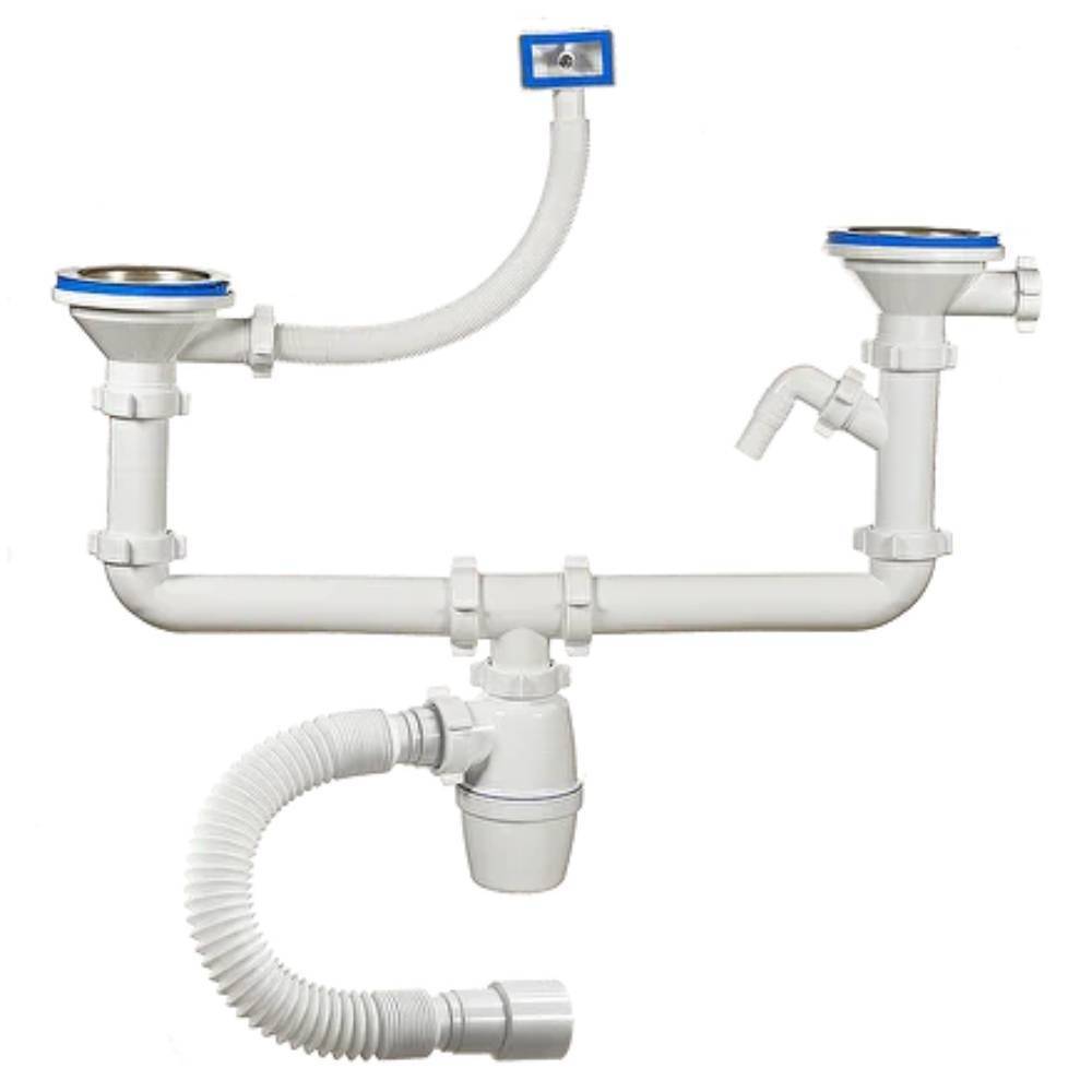 Сифон для двойной мойки ORIO с отводом для стиральной машины и переливом 3 1/2х40 мм A-40092