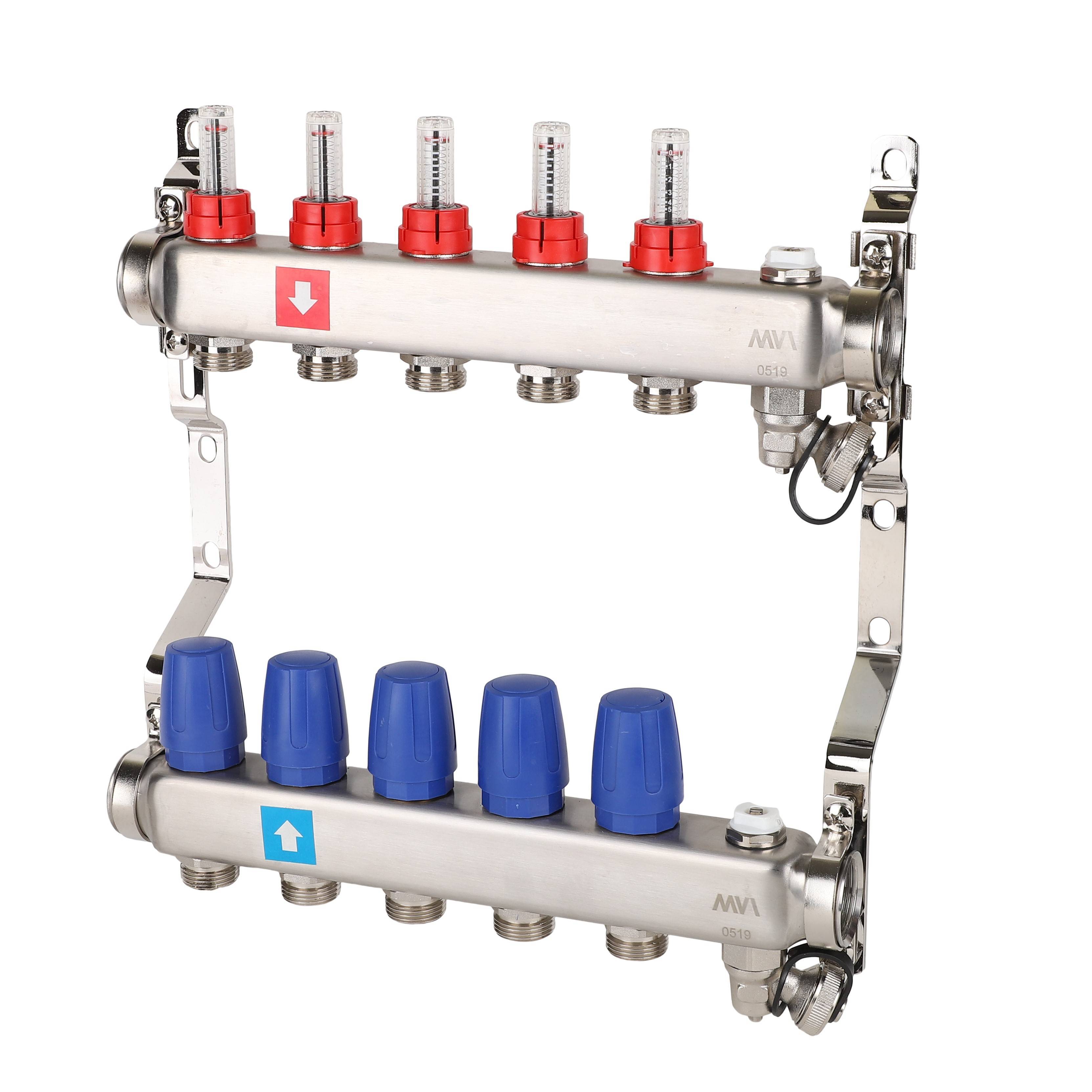 Коллекторная группа с расходомерами, дренажным краном и краном Маевского Aqualink 5 выходов AMS.705.06