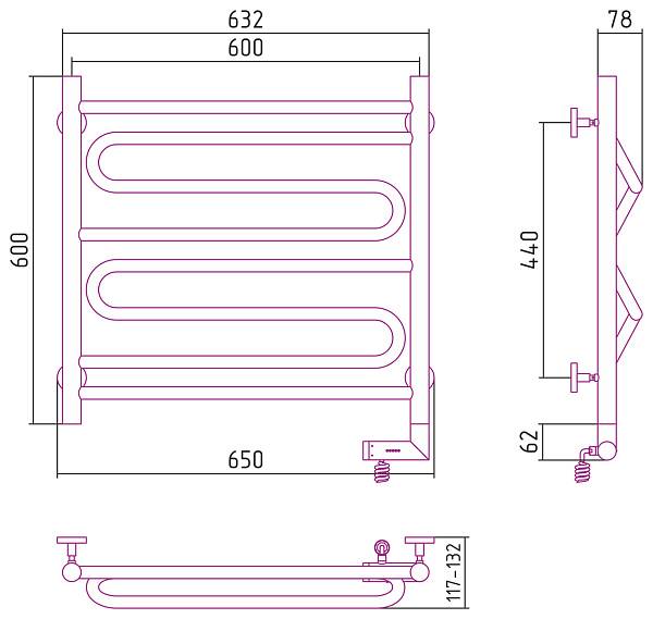 Полотенцесушитель электрический Сунержа Элегия 2.0 600x600 мм правый без покрытия 00-5219-6060