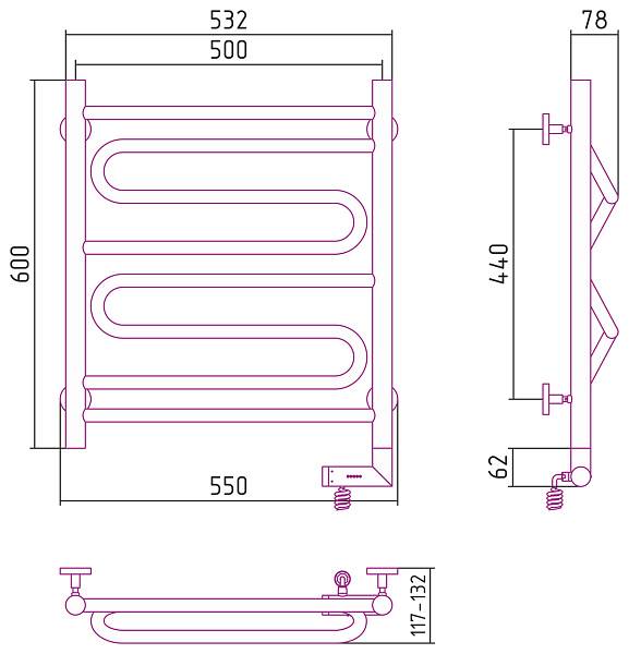 Полотенцесушитель электрический Сунержа Элегия 2.0 500x600 мм правый без покрытия 00-5219-6050