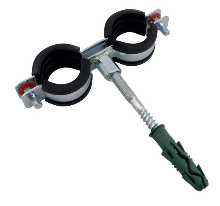 Хомут двойной DÜBEL-TECHNIK с EPDM 26-29 мм 3/4 M8/M10 с винт-шурупом 8х80 мм и дюбелем 0813129K