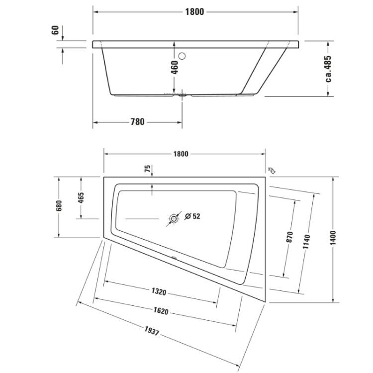 Ванна Duravit Paiova 1800x1400 мм встраиваемая наклон спины справа 700217000000000