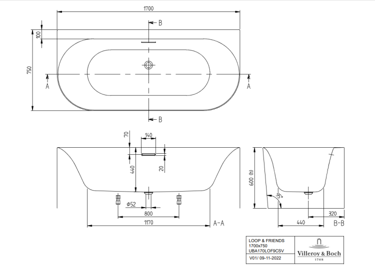 Ванна пристенная Villeroy & Boch Loop & Friends 1700x750 мм овальная Stone White UBA170LOF9CS00VRW