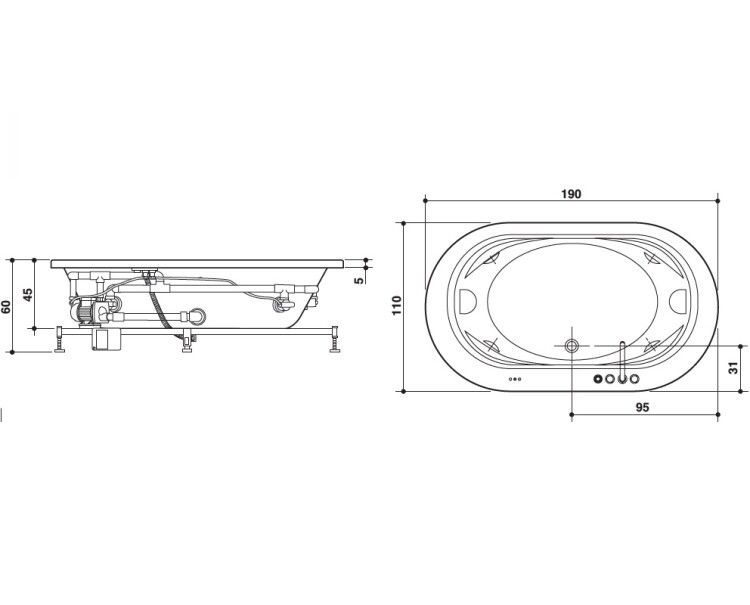 Гидромассажная ванна Jacuzzi Opalia 1900x1100x600 мм Rainbow Clean System OPA001E0700