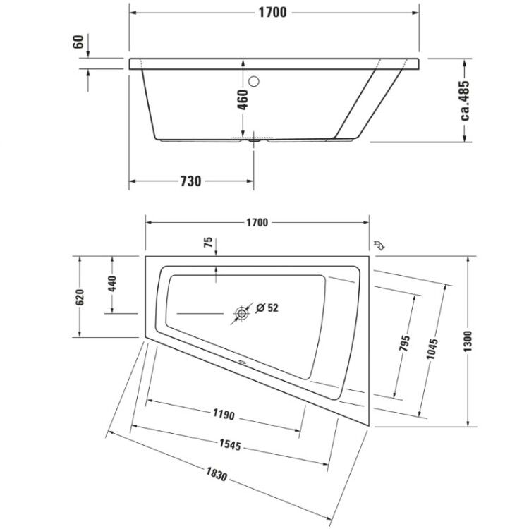 Ванна Duravit Paiova 1700x1300 мм встраиваемая трапециевидная наклон спинки справа 700215000000000