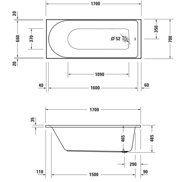 Ванна Duravit D-Neo 1700x700x485 мм встраиваемая с одним наклоном для спины цвет белый 700478000000000