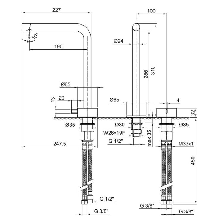 Смеситель для раковины Fantini AF/21 Fukasawa на 2 отверстия цвет Matt British Gold PVD 27P6A107WF