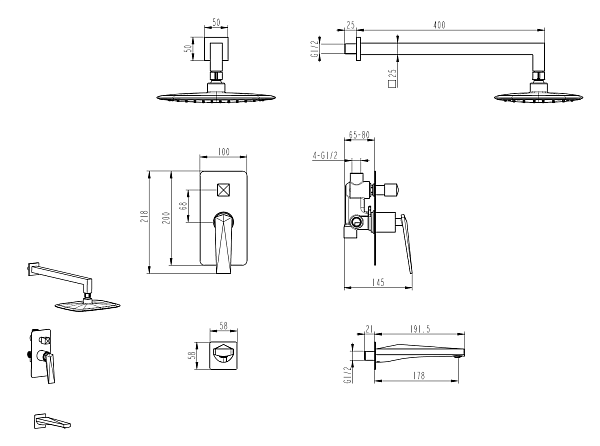 Смеситель для ванны Boheme Venturo встраиваемый с изливом черный матовый/хром 374-B-2