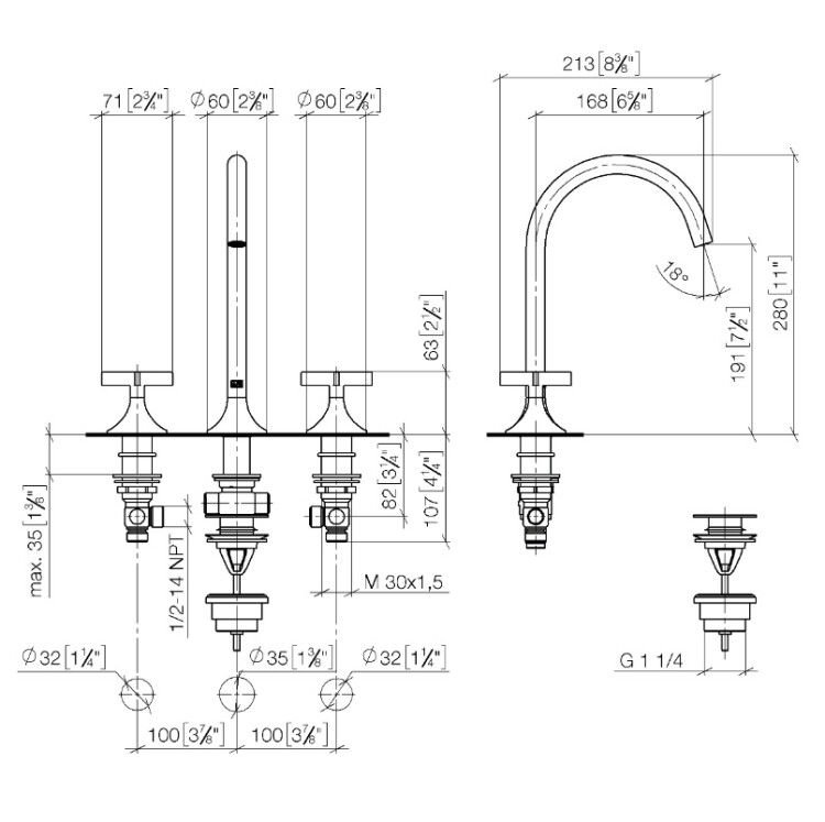 Смеситель для раковины Dornbracht Vaia на 3 отверстия Dark Brass сатинированный 20713809-39