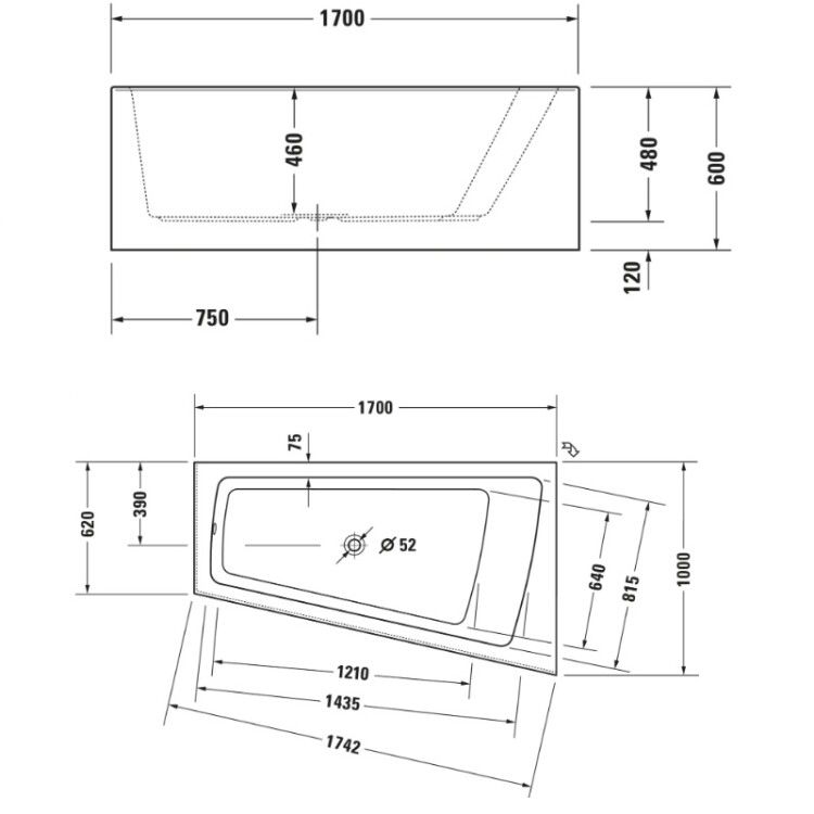 Ванна Duravit Paiova 1700x1000 мм угловая трапециевидная наклон спинки справа 700265000000000