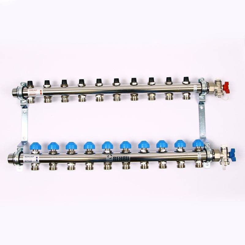 Коллекторная группа из нержавеющей стали Rehau HKV-D с регулирующими и термостатическими вентилями 1 x 3/4 EK 10 выходов 218101