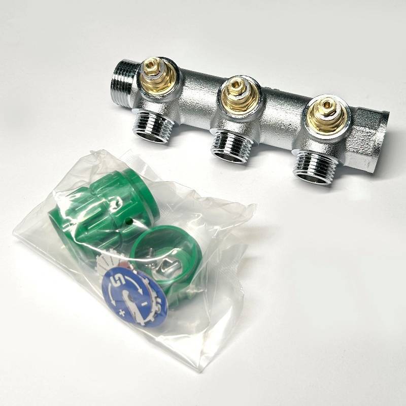 Коллектор распределительный Uni-Fitt 3/4 НВ 3 выхода 1/2 45 мм с вентилями под 90 градусов хромированный 414C3230