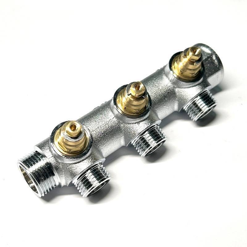 Коллектор распределительный Uni-Fitt 3/4 НВ 3 выхода 1/2 45 мм с вентилями под 90 градусов хромированный 414C3230