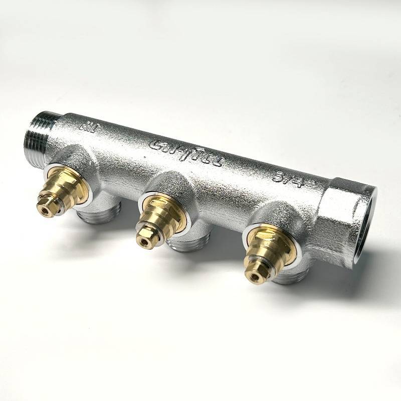 Коллектор распределительный Uni-Fitt 3/4 НВ 3 выхода 1/2 45 мм с вентилями под 90 градусов хромированный 414C3230