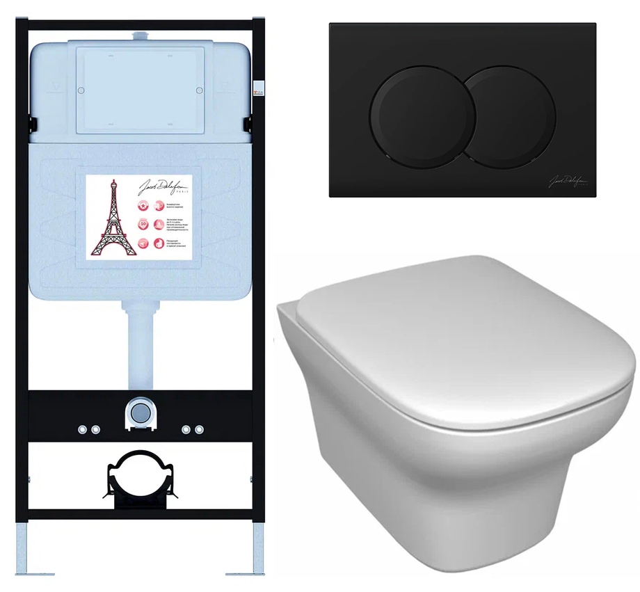 Унитаз с инсталляцией Jacob Delafon Vox сиденье тонкое микролифт панель для двойного смыва матовый черный E21747RU-BL