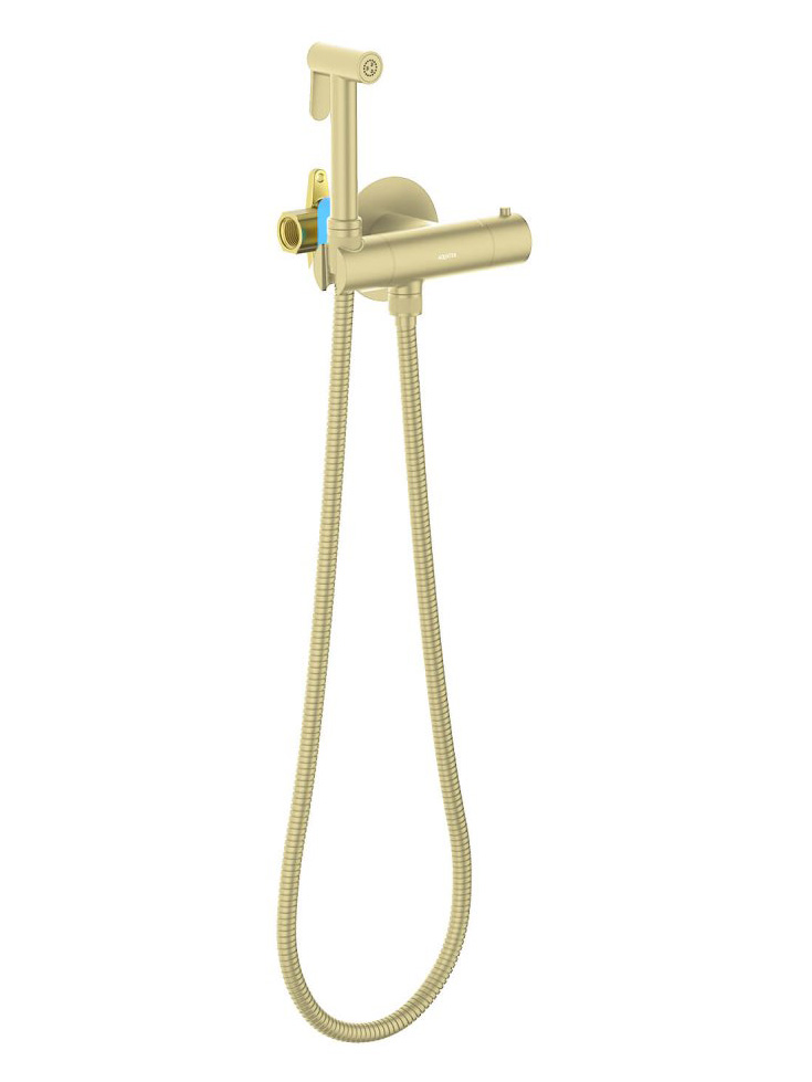Комплект для гигиенического душа термостатический встроенный Aquanet Oberon смеситель, лейка, шланг, шлифованное золото AQ1027BG