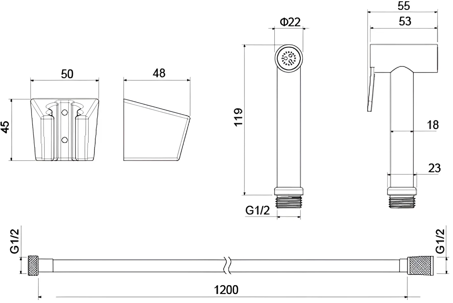 Гигиенический душ со шлангом 120 см и держателем Aquanet матовый черный AQ2054MB