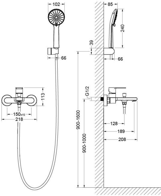 Смеситель для ванны с душевым набором Aquanet ЛИРА 3jet матовый черный AQ1449MB