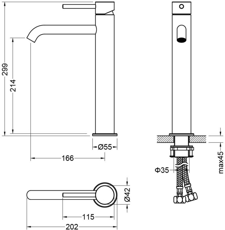 Смеситель для раковины высокий Aquanet Europa 215 мм без донного клапана матовый черный AQ1304MB