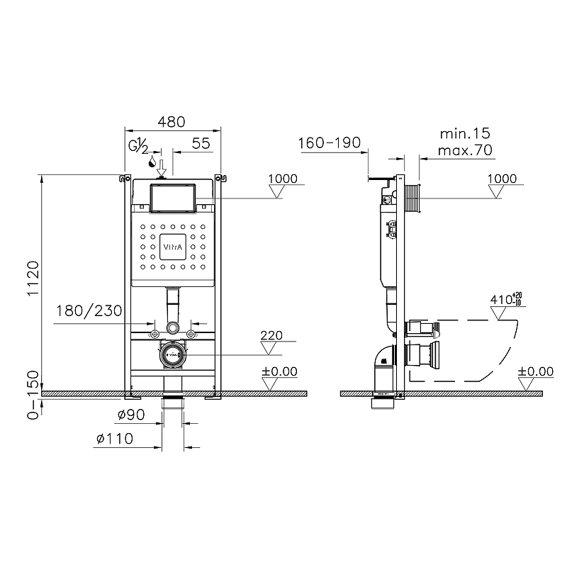 Комплект 4 в 1 VitrA Normus унитаз подвесной с инсталляцией и панелью белый глянец 9773B003-7207