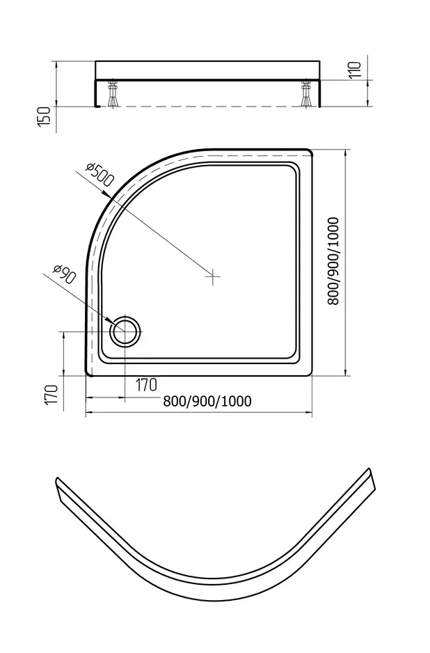 Поддон душевой D-Pol акриловый 1/4 круга 90x90x15 см с ножками и панелью DPA-0000004