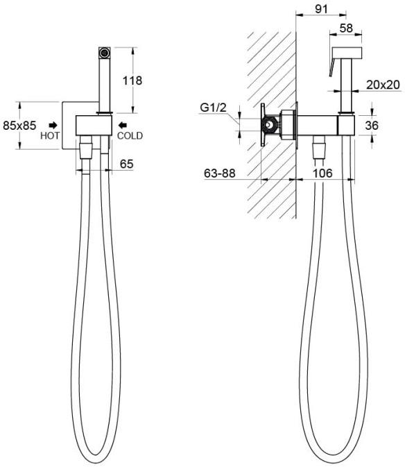 Комплект для гигиенического душа встроенный Aquanet Lira смеситель, лейка, шланг, матовый черный AQ1025MB