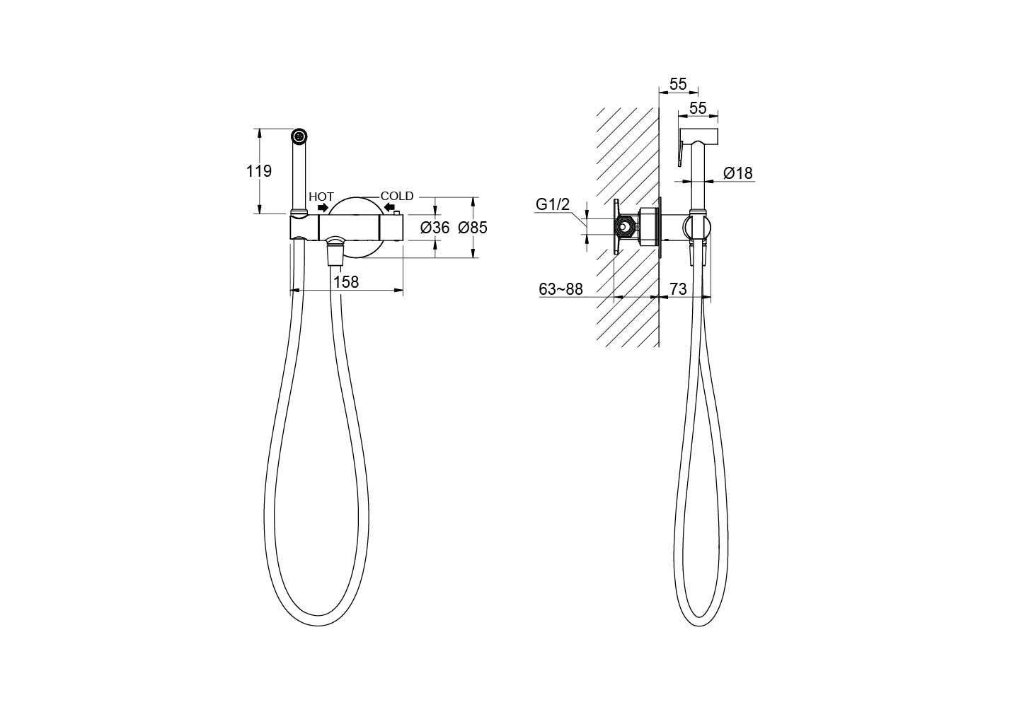 Комплект для гигиенического душа термостатический встроенный Aquanet Oberon смеситель, лейка, шланг, шлифованное золото AQ1027BG
