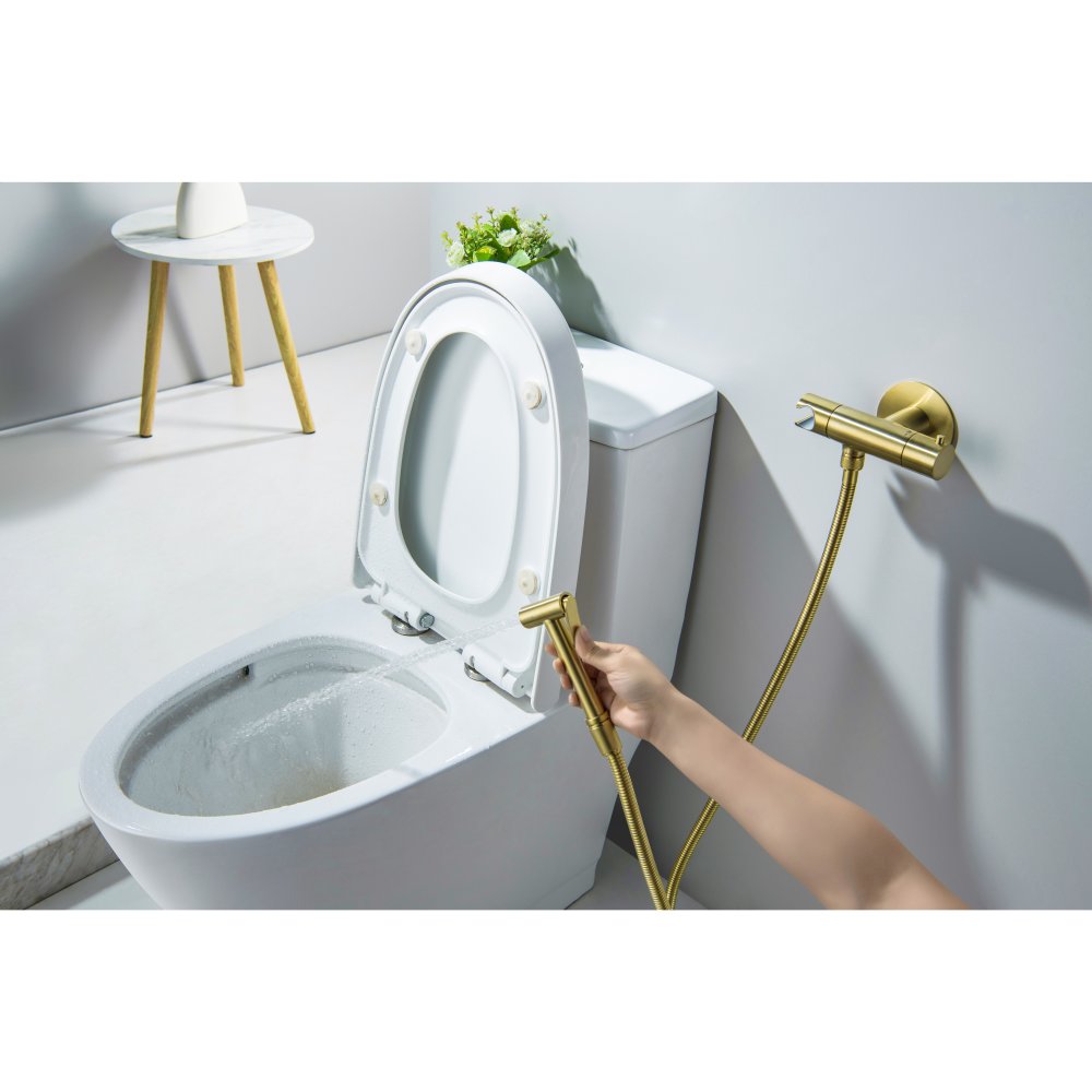 Комплект для гигиенического душа термостатический встроенный Aquanet Oberon смеситель, лейка, шланг, шлифованное золото AQ1027BG