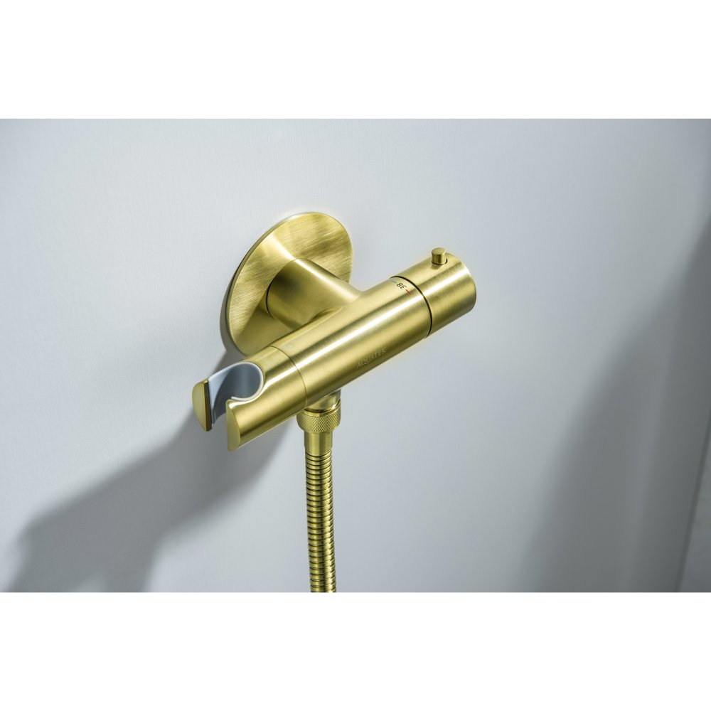 Комплект для гигиенического душа термостатический встроенный Aquanet Oberon смеситель, лейка, шланг, шлифованное золото AQ1027BG