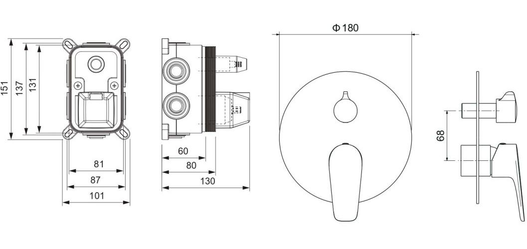 Смеситель для ванны Aquanet Бетта скрытого монтажа 3 режима хром AQ1147CR