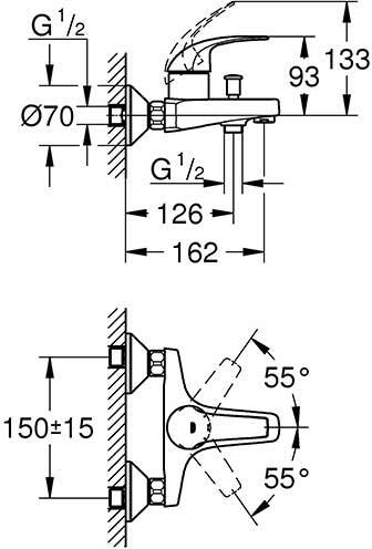 Смеситель для ванны GROHE BauCurve настенный монтаж хром 23599000