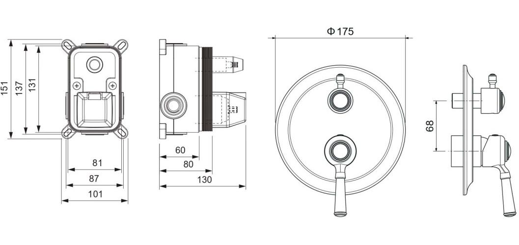Смеситель для ванны встраиваемый Aquanet Классик 2 режима комплект полированное золото AQ1546PG