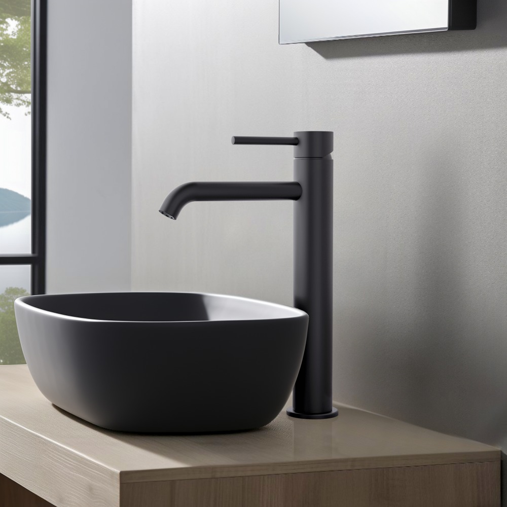 Смеситель для раковины высокий Aquanet Europa 215 мм без донного клапана матовый черный AQ1304MB